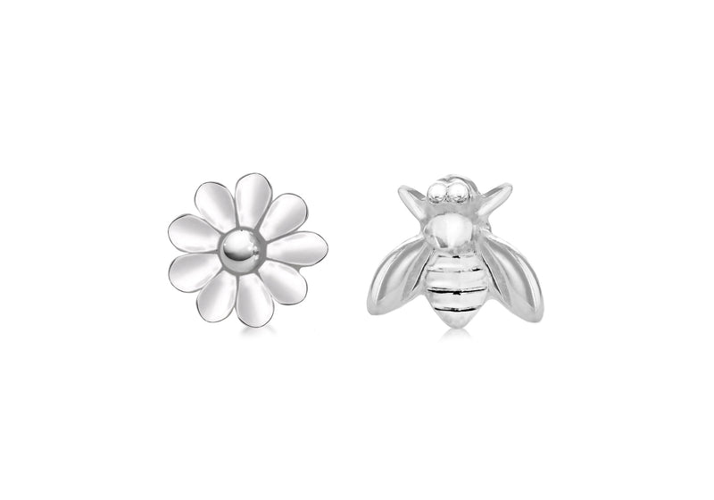 Sterling Silver 6.2mm x 7.4mm Bee and 7.8mm Flower Asymmetric Stud Earrings