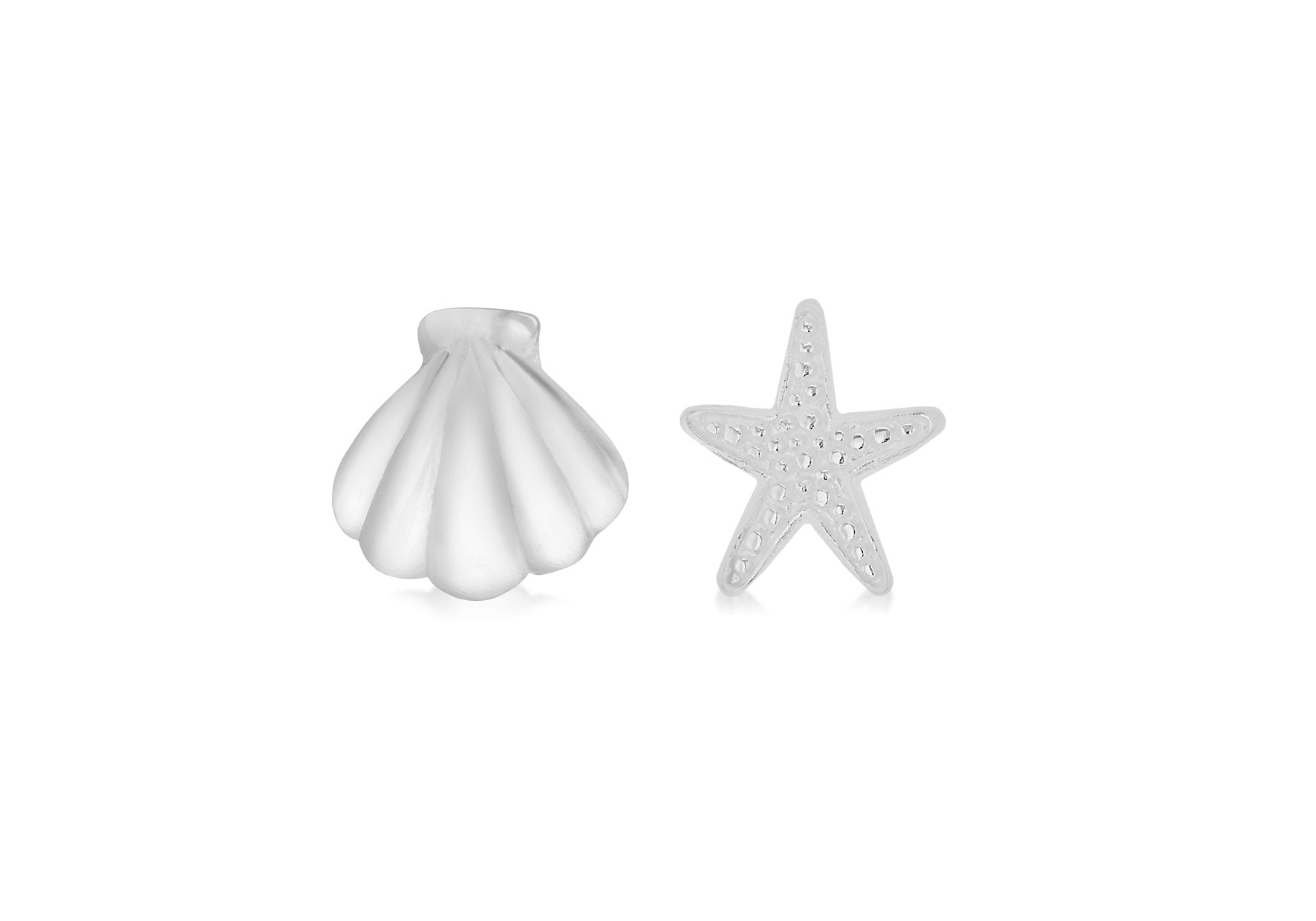 Sterling Silver 7.3mm x 8mm Starfish and 7.5mm x 7.6mm Shell Asymmetric Stud Earrings