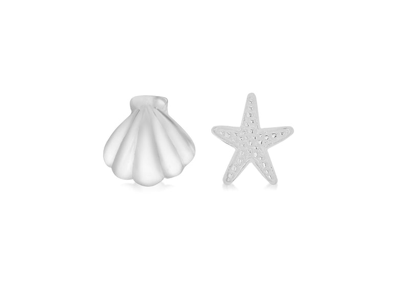 Sterling Silver 7.3mm x 8mm Starfish and 7.5mm x 7.6mm Shell Asymmetric Stud Earrings