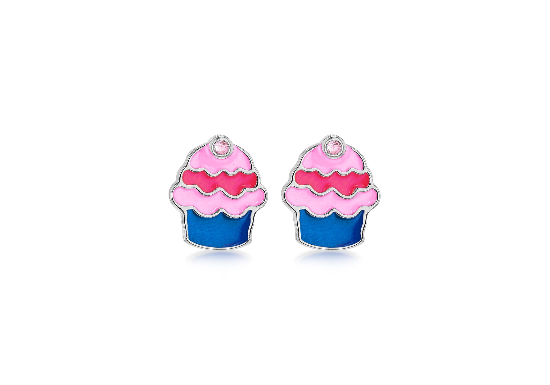 Sterling Silver White Zirconia Glazed Enamel Cupcake Stud Earrings