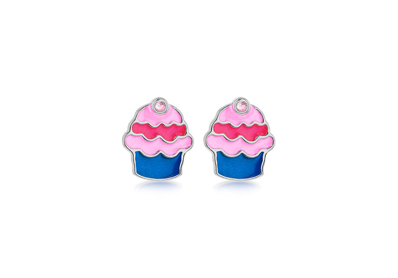 Sterling Silver White Zirconia Glazed Enamel Cupcake Stud Earrings