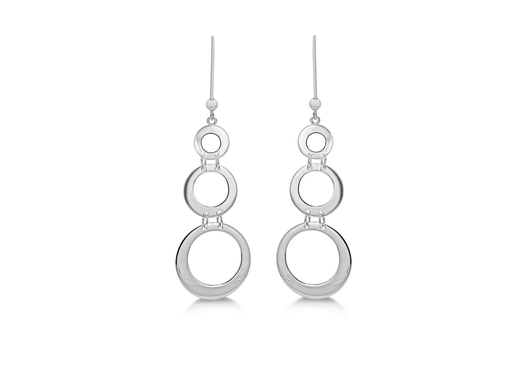 Sterling Silver Rhodium Plated Triple CutoCut Circle Graduated Drop Earrings