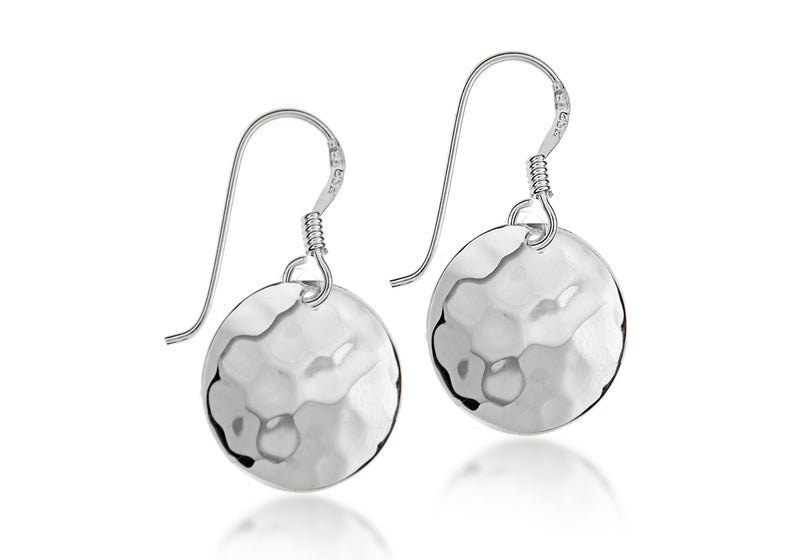 Sterling Silver 14.5mm Hammered Disc Drop Earrings