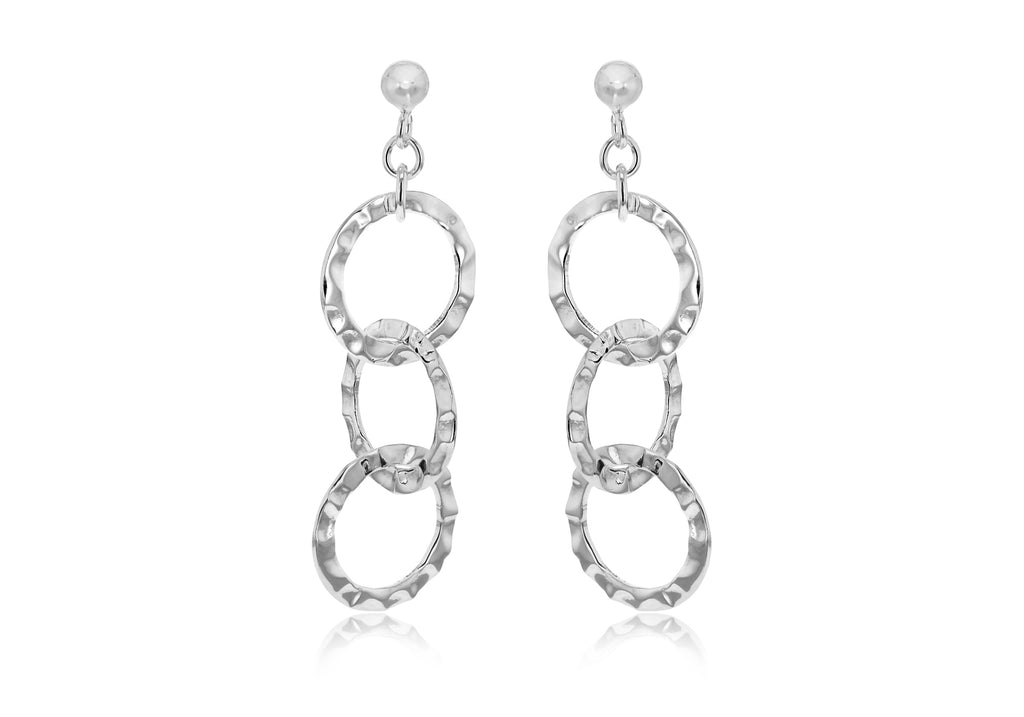Sterling Silver Tri-Ring Hammered Drop Earrings 