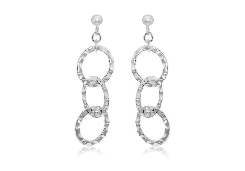 Sterling Silver Tri-Ring Hammered Drop Earrings 