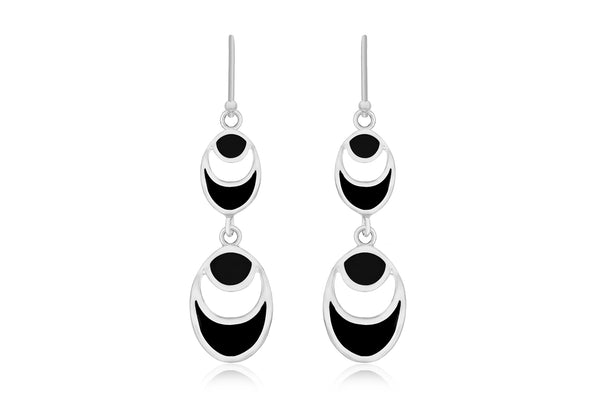 Sterling Silver Double Oval Onyx Drop Earrings 