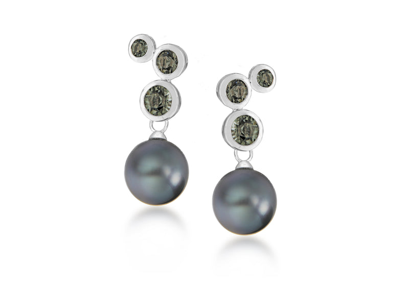 Sterling Silver Black Swarovski Crystal And Grey Pearl Drop Earrings