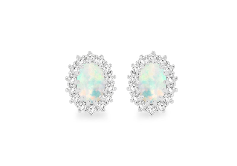 Sterling Silver Opal and White Zirconia Cluster Stud Earrings