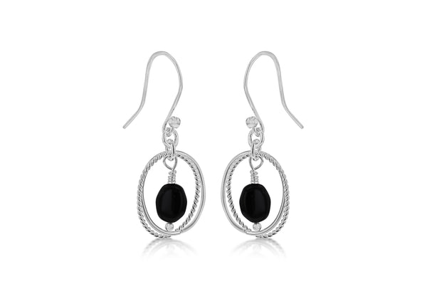 Sterling Silver Oval Black Stone Earrings