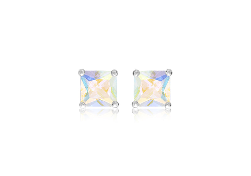 Sterling Silver 8mm x 8mm Square Aurora Borealis Zirconia  Stud Earrings