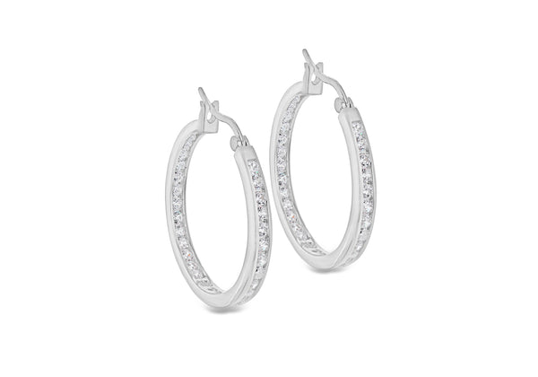 Sterling Silver Half Zirconia  Set Hoop Earrings