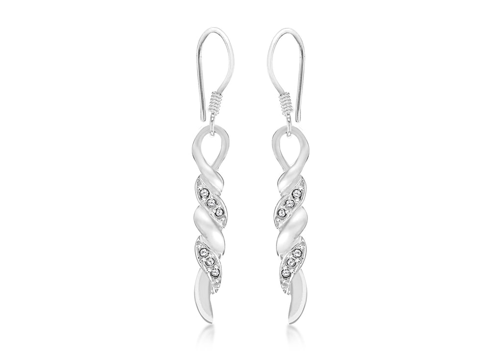 Sterling Silver White Crystal Twist Bar Drop Earrings
