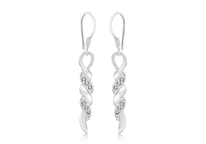 Sterling Silver White Crystal Twist Bar Drop Earrings