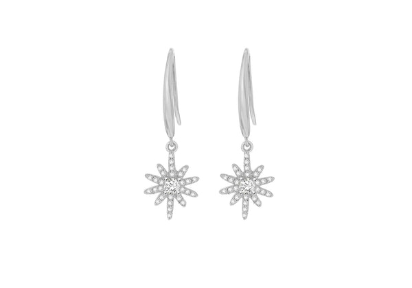 Sterling Silver Rhodium Plated Zirconia  Stone Set Star Drop Earrings