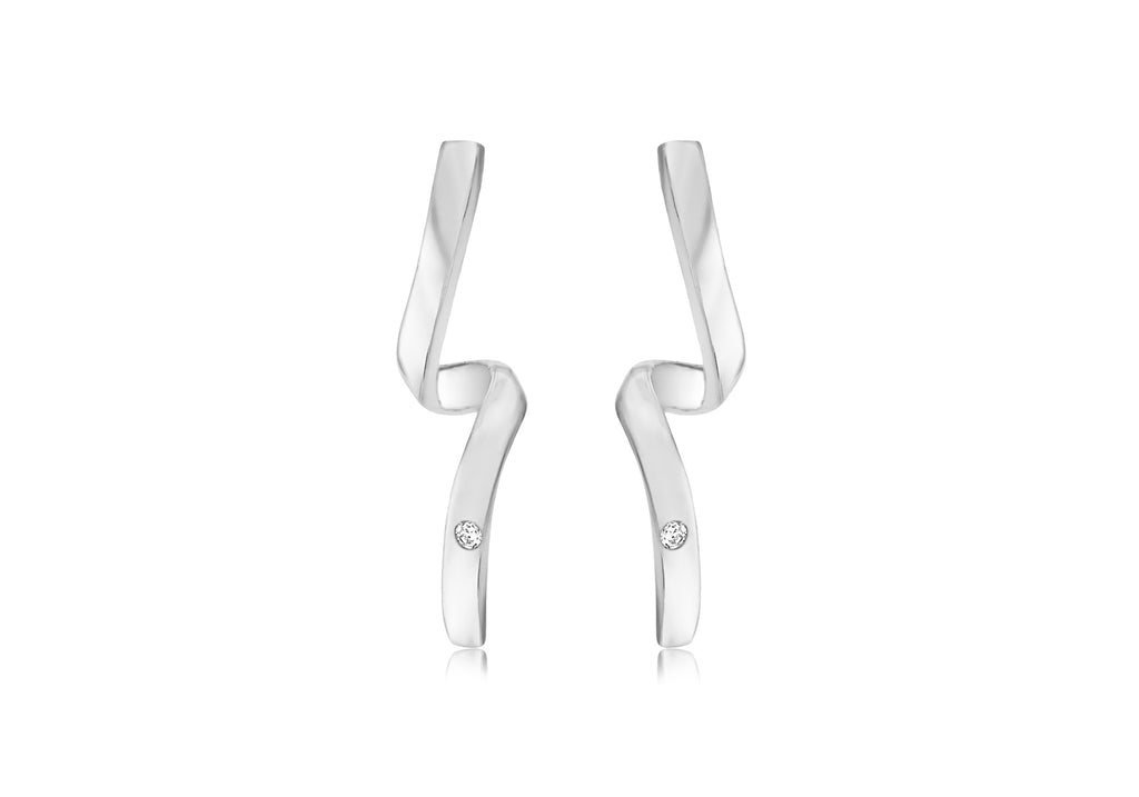 Sterling Silver White Zirconia Twisted Taper Drop Earrings 