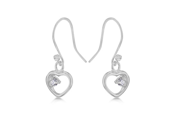 Sterling Silver Open Heart Zirconia  Set Drop Earrings