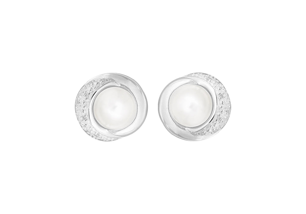 Sterling Silver Pearl and Zirconia  13.6mm x 13mm Stud Earrings