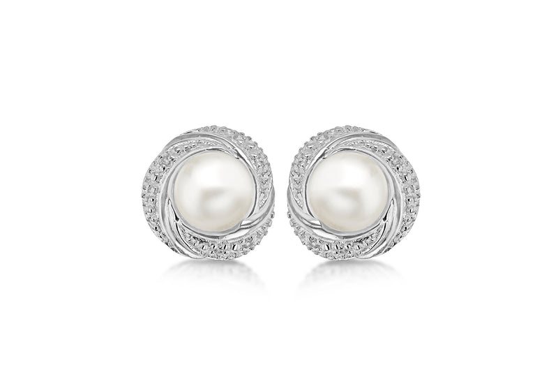 cSterling Silver Pearl and White Stone Set CCross Over Stud Earrings