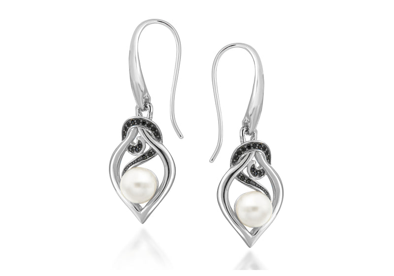 Sterling Silver Rhodium Plated Pearl and Black Zirconia  Leaf Knot Drop Earrings