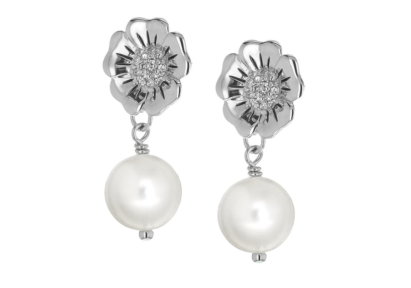 Sterling Silver Rhodium Plated Flower Zirconia  and Pearl Drop Earrings