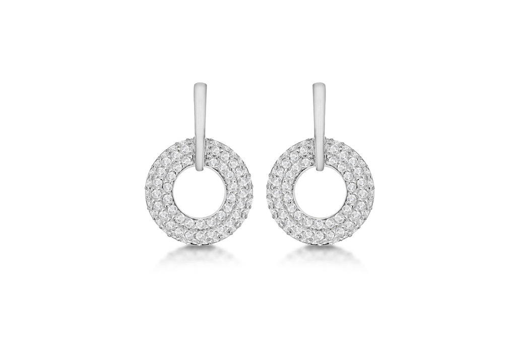 Sterling Silver White Stone Set Circle Drop Stud Earrings