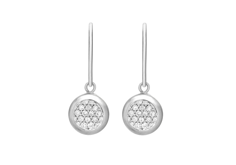 Sterling Silver Rhodium Plated Pave Set Zirconia  Disc Drop Earrings