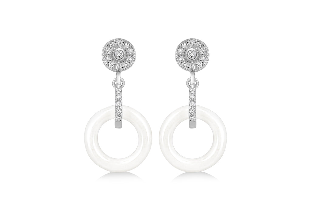 Sterling Silver Rhodium Plated White Ceramic Zirconia  Cluster Drop Earrings