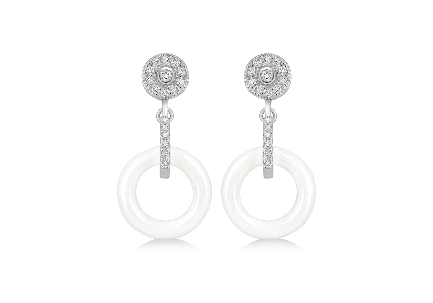 Sterling Silver Rhodium Plated White Ceramic Zirconia  Cluster Drop Earrings