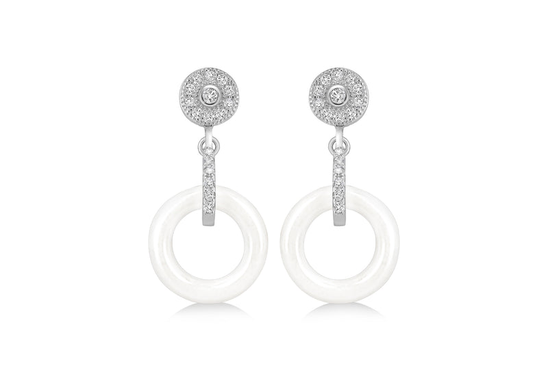 Sterling Silver Rhodium Plated White Ceramic Zirconia  Cluster Drop Earrings