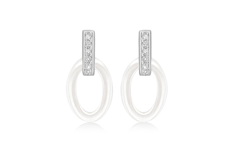 Sterling Silver Rhodium Plated Oval White Ceramic Zirconia  Drop Earrings