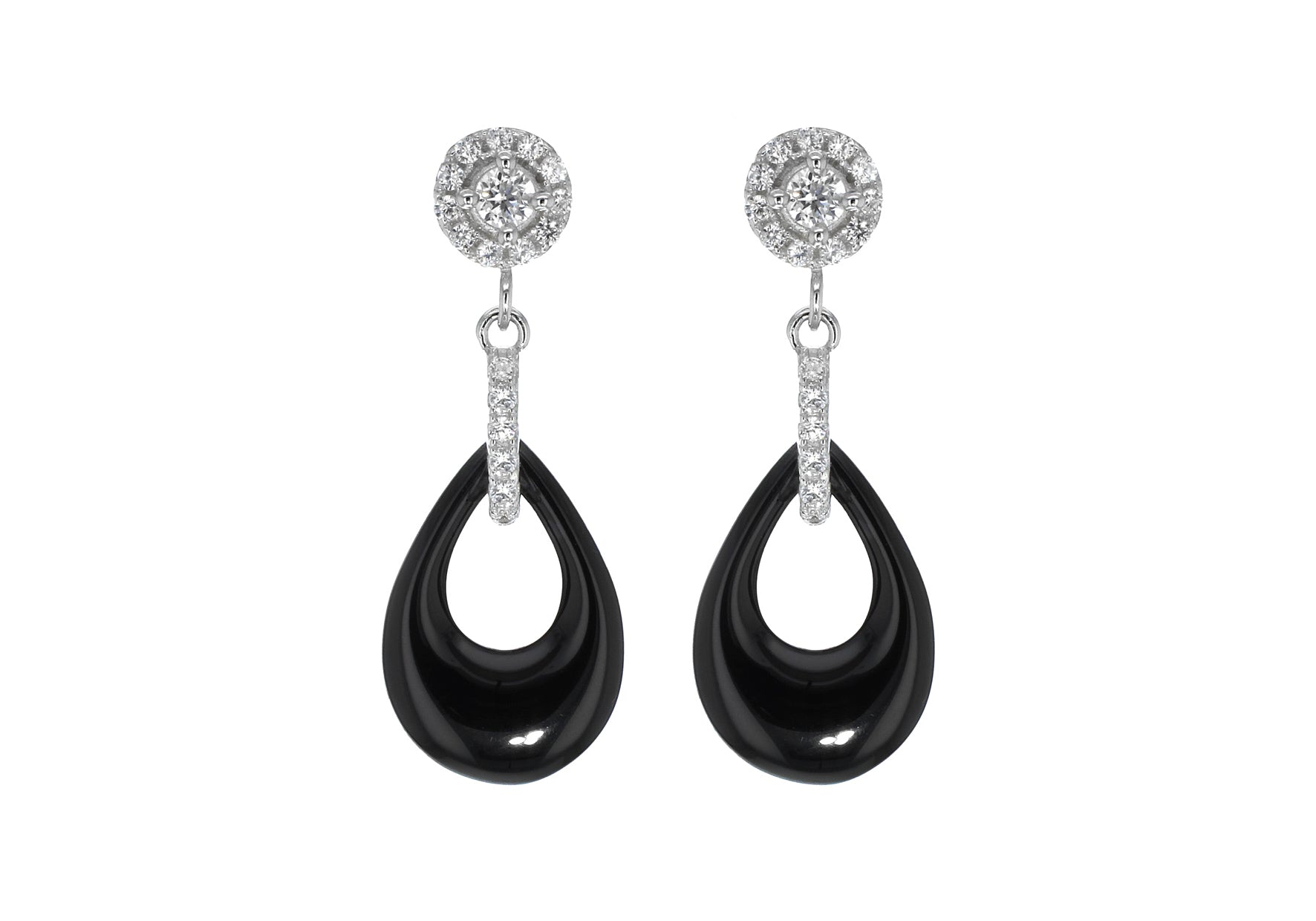 Sterling Silver Rhodium Plated Black Ceramic Round Zirconia Teardrop Earrings