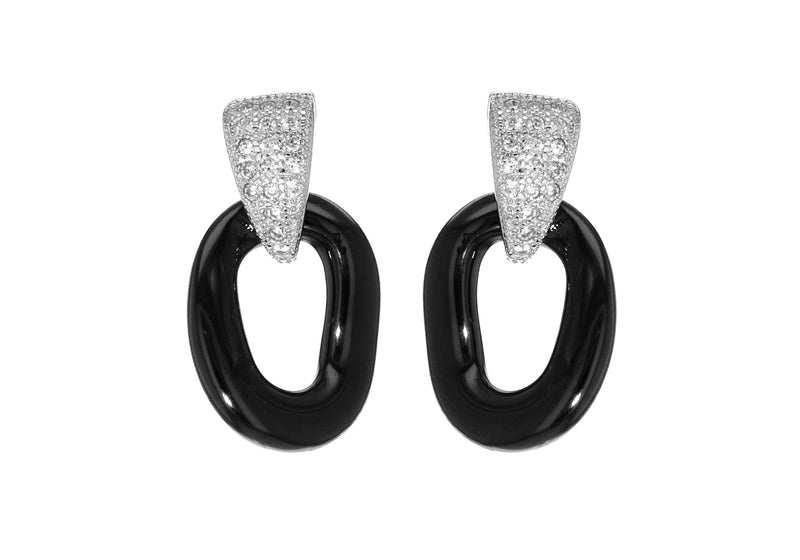 Sterling Silver Rhodium Plated Pave Set Zirconia and Black Ceramic Drop Earrings