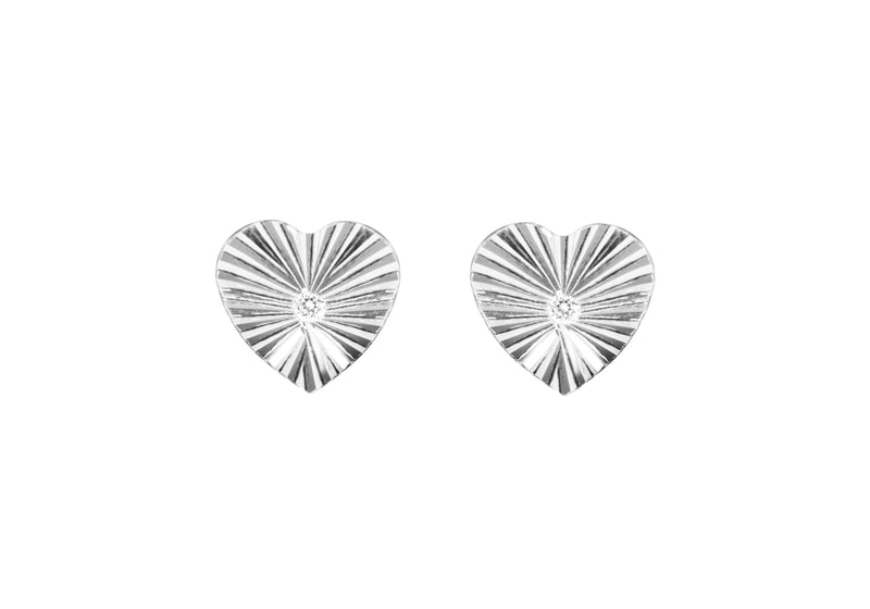 Sterling Silver Sunray Diamond Cut Zirconia  Heart Stud Earrings