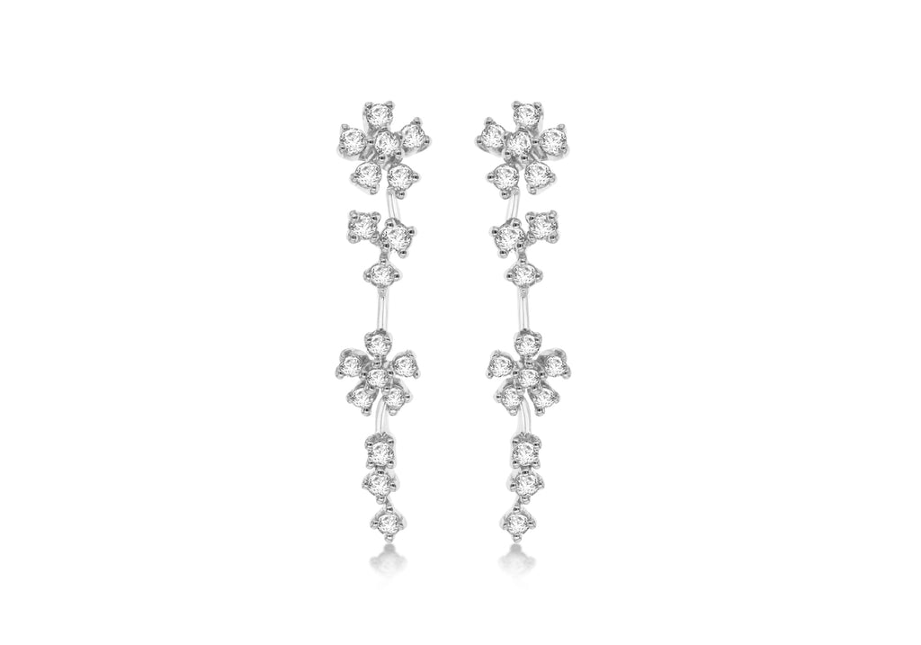 Sterling Silver Rhodium Plated Zirconia  Floral Drop Earrings