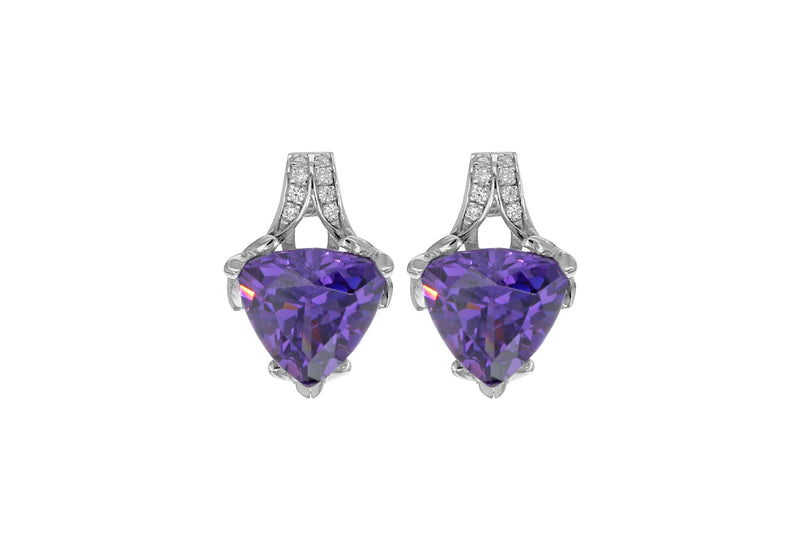 Sterling Silver Rhodium Plated White and Amethyst Zirconia  Stud Earrings
