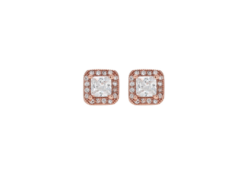 Sterling Silver Rose Gold Plated Zirconia Square Stud Earrings
