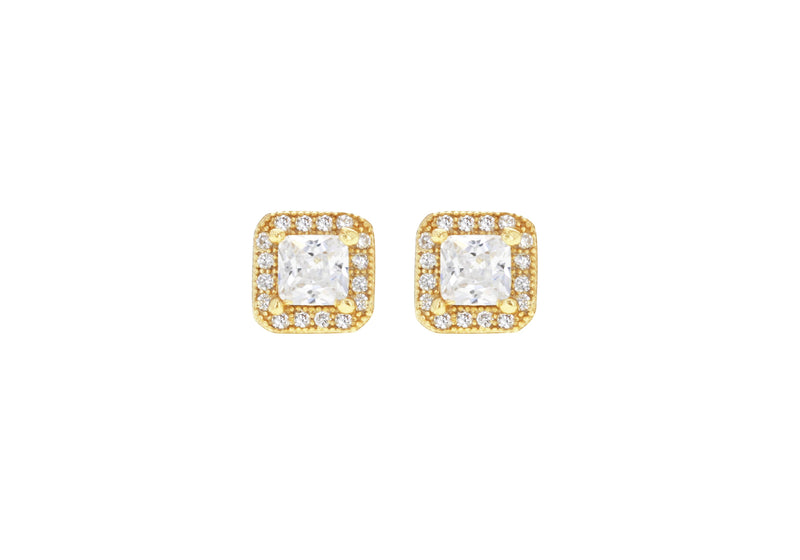 Sterling Silver Yellow Gold Plated Zirconia  Square Stud Earrings
