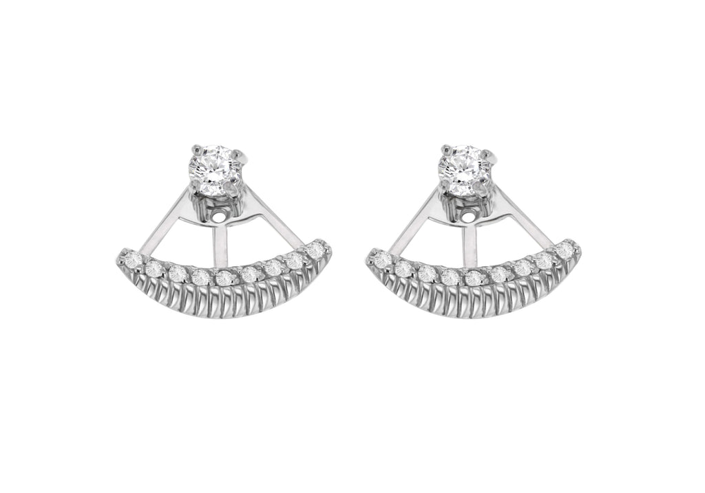 Sterling Silver Rhodium Plated Zirconia  Set Ribbed Jack Earrings