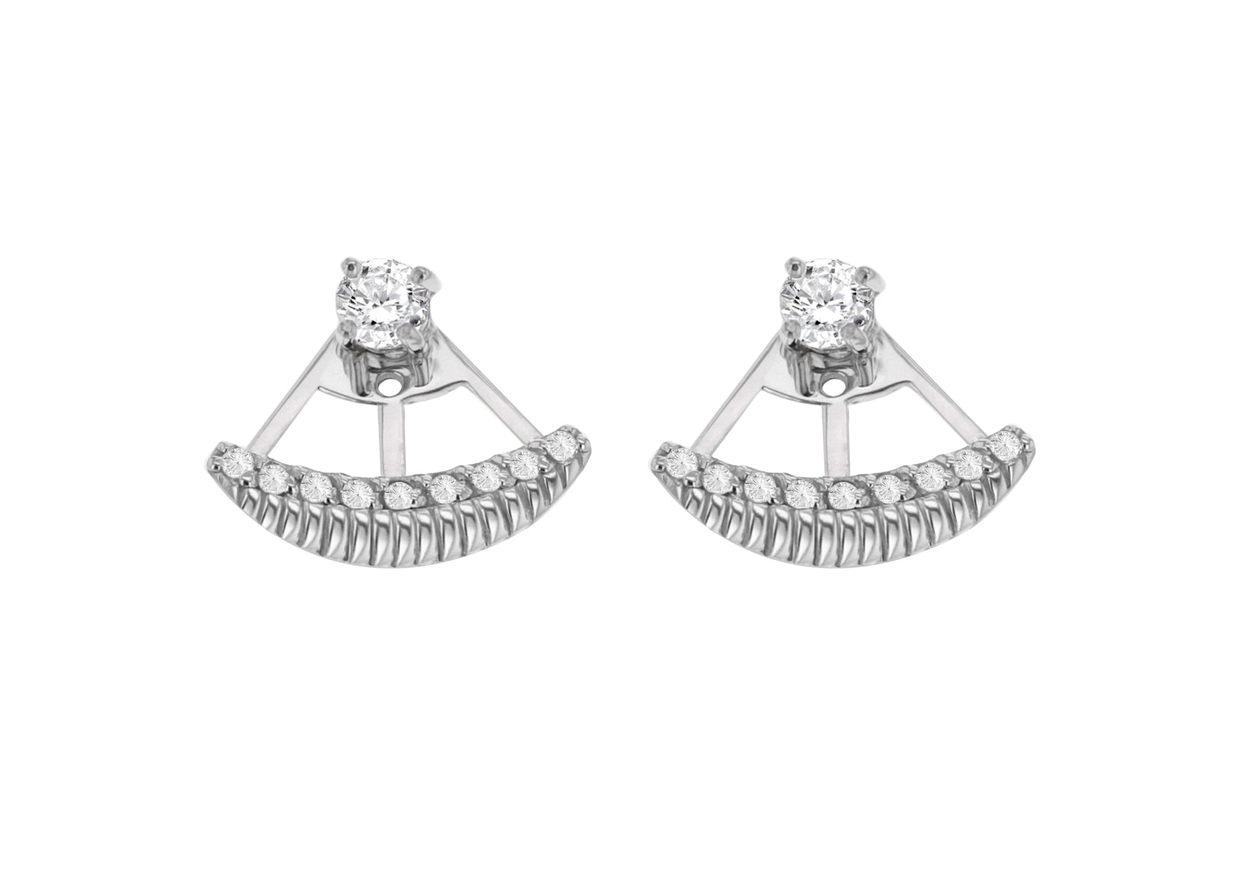 Sterling Silver Rhodium Plated Zirconia  Set Ribbed Jack Earrings