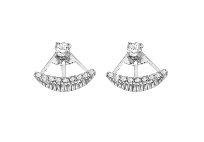 Sterling Silver Rhodium Plated Zirconia  Set Ribbed Jack Earrings