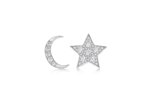 Sterling Silver Rhodium Plated Zirconia Moon & Star Asymmetric Stud Earrings