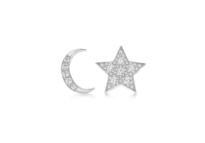 Sterling Silver Rhodium Plated Zirconia Moon & Star Asymmetric Stud Earrings