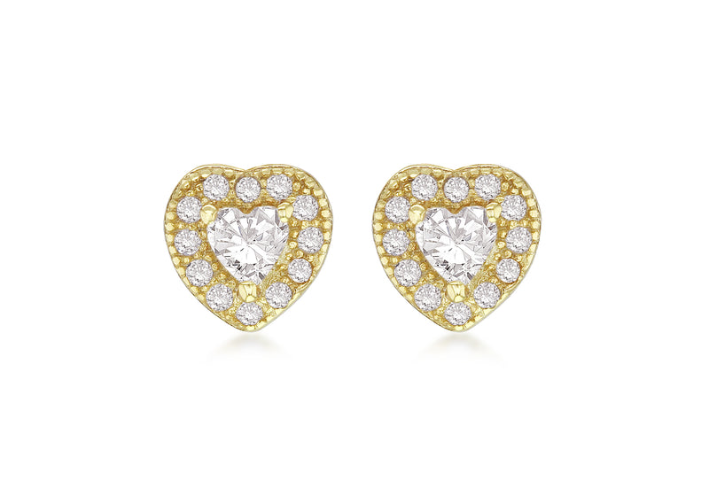 Sterling Silver Yellow Gold Plated Zirconia  Set Heart Stud Earrings