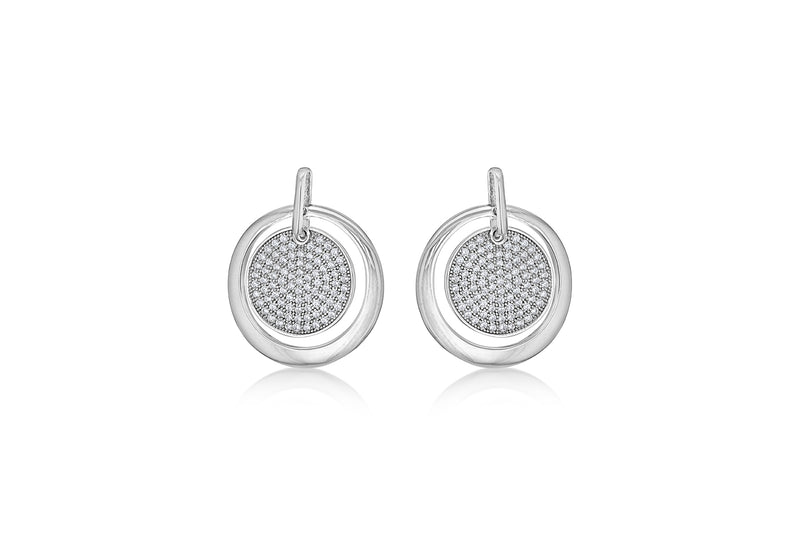Sterling Silver Rhodium Plated Zirconia  Stone Set Disc Circle Drop Earrings