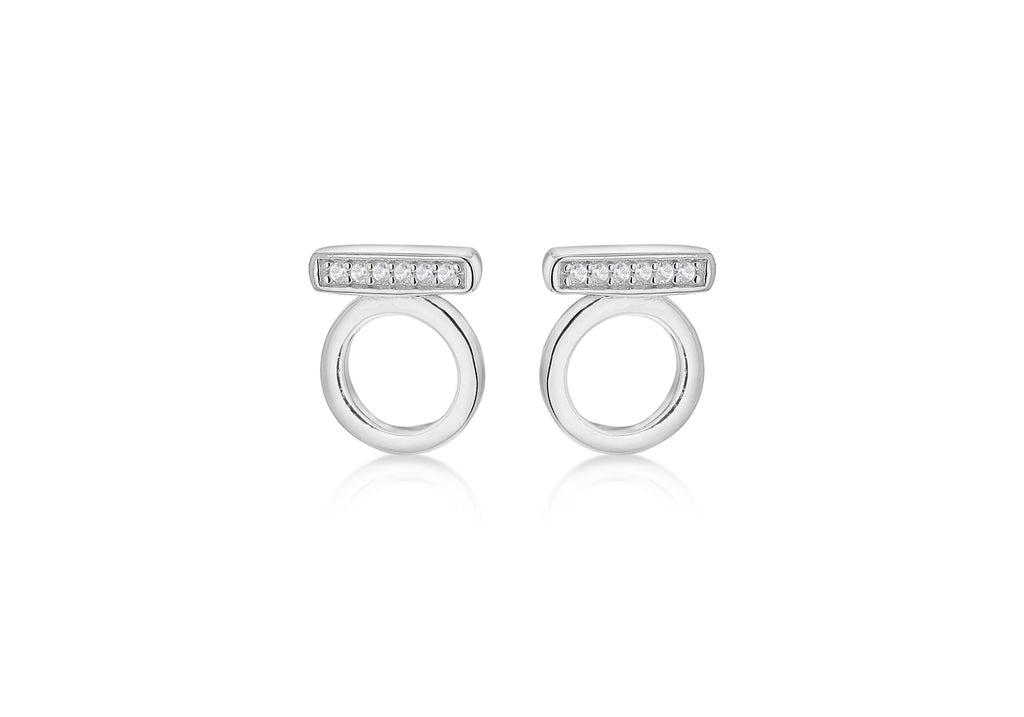 Sterling Silver Rhodium Plated White Zirconia  Set Circle & Bar Stud Earrings