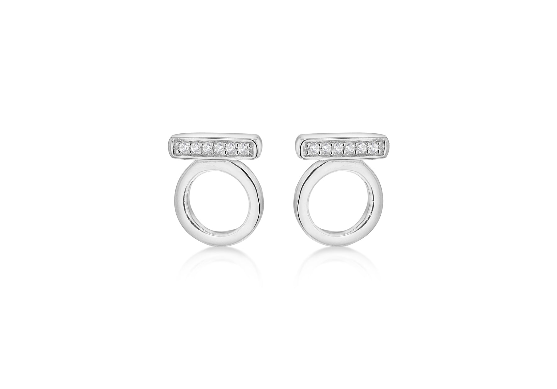 Sterling Silver Rhodium Plated White Zirconia  Set Circle & Bar Stud Earrings