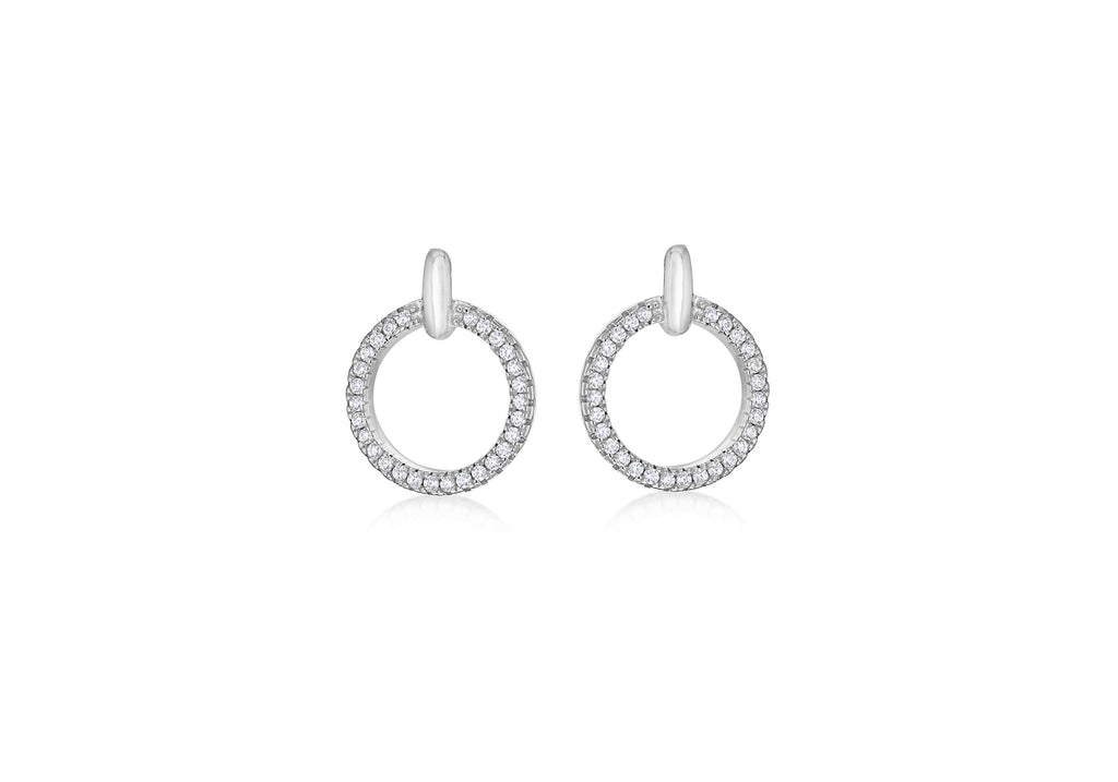 Sterling Silver Rhodium Plated Zirconia Circle & Bar Stud Earrings
