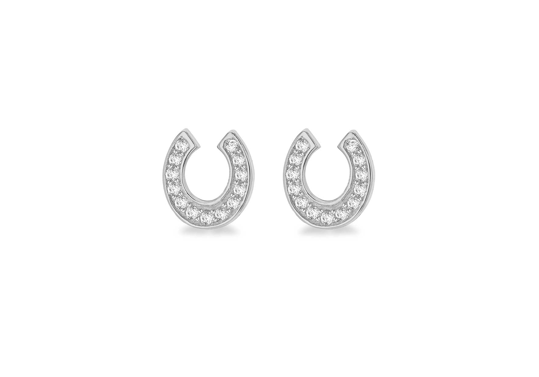 Sterling Silver Rhodium Plated Zirconia  7mm x 7.5mm Horseshoe Stud Earrings