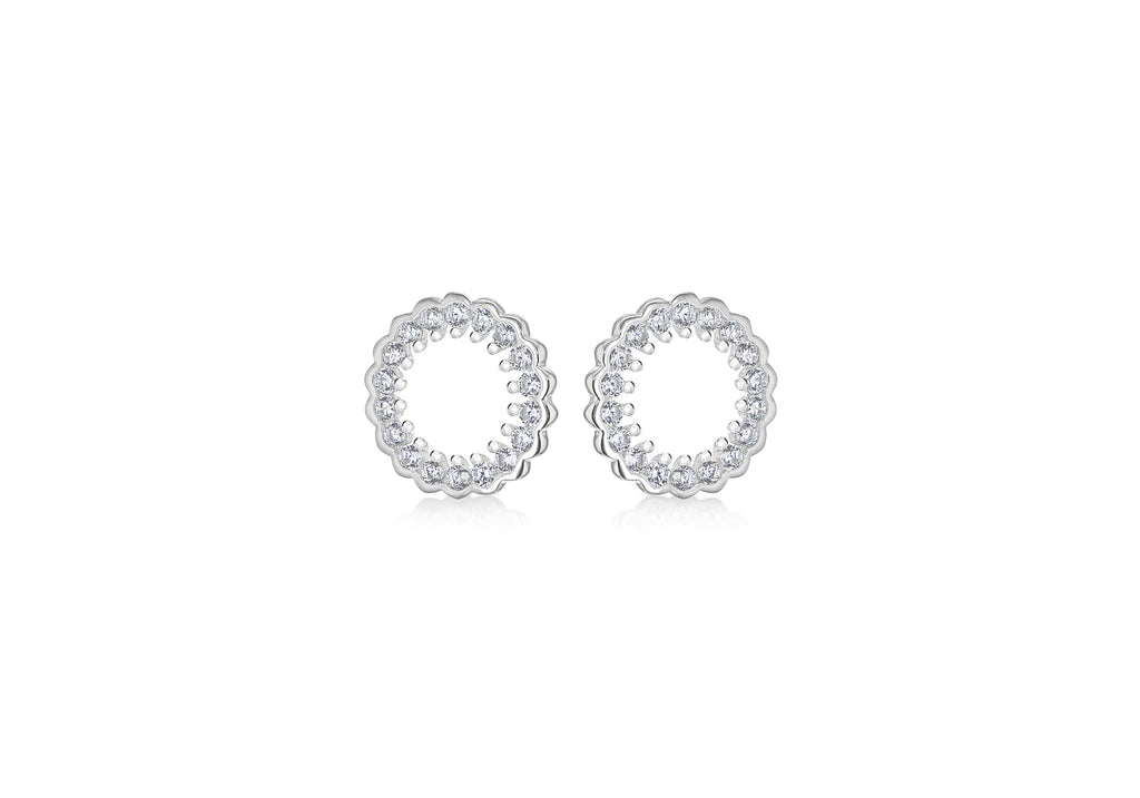 Sterling Silver Rhodium Plated Zirconia  Claw and Rubover 11mm Circle Stud Earrings