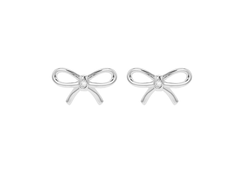 Sterling Silver Rhodium Plated 0.02t Diamond Bow Stud Earrings